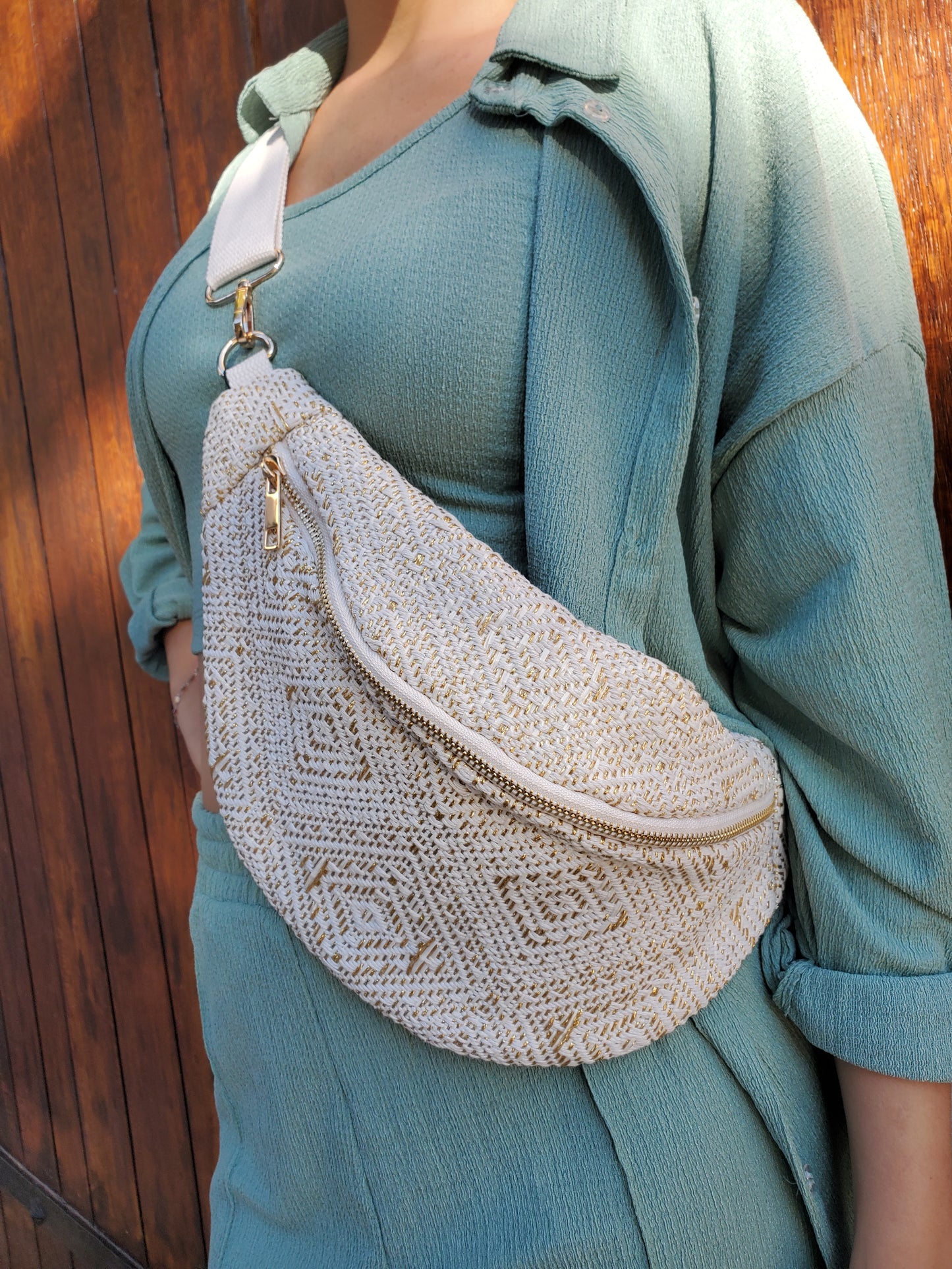 Sac banane bandoulière beige & doré