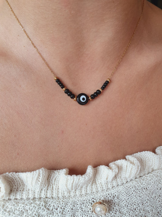 Collier oeil turc & petites perles noires - doré