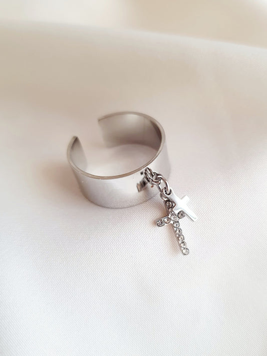 Bague breloque double croix strass - argenté