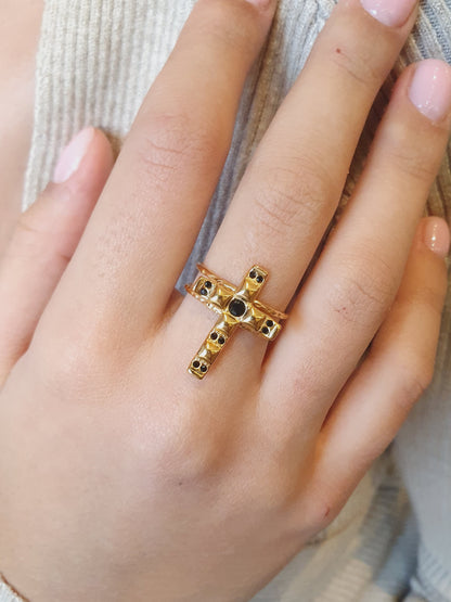Bague Croix - doré/noir