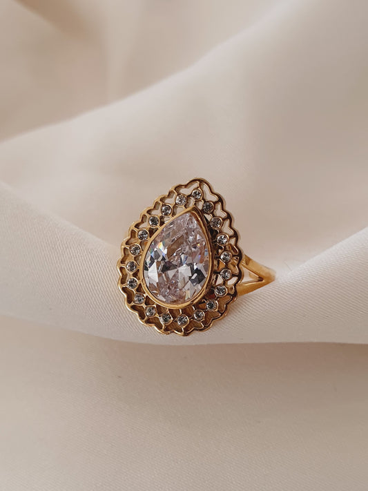 Bague goutte grand zircon LUXE - doré