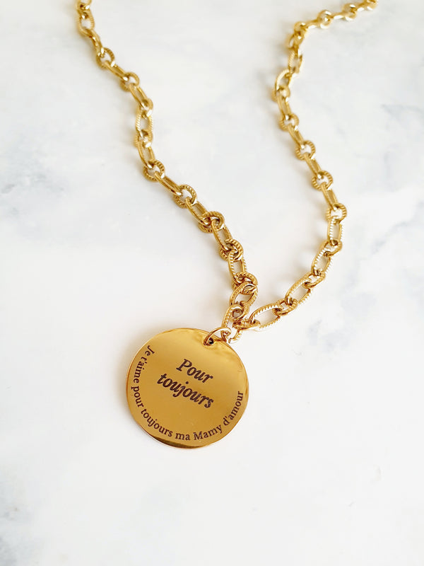 Collier médaille & petits maillons striés à graver | Couleur au choix