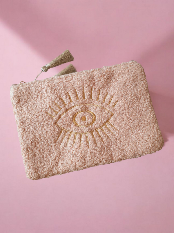 Pochette moumoute oeil doré brodé - Taupe
