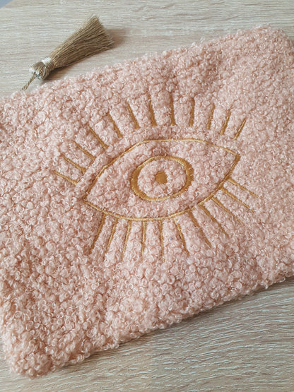 Pochette moumoute oeil doré brodé - Taupe