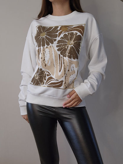 Sweat blanc fleurs - marron/beige