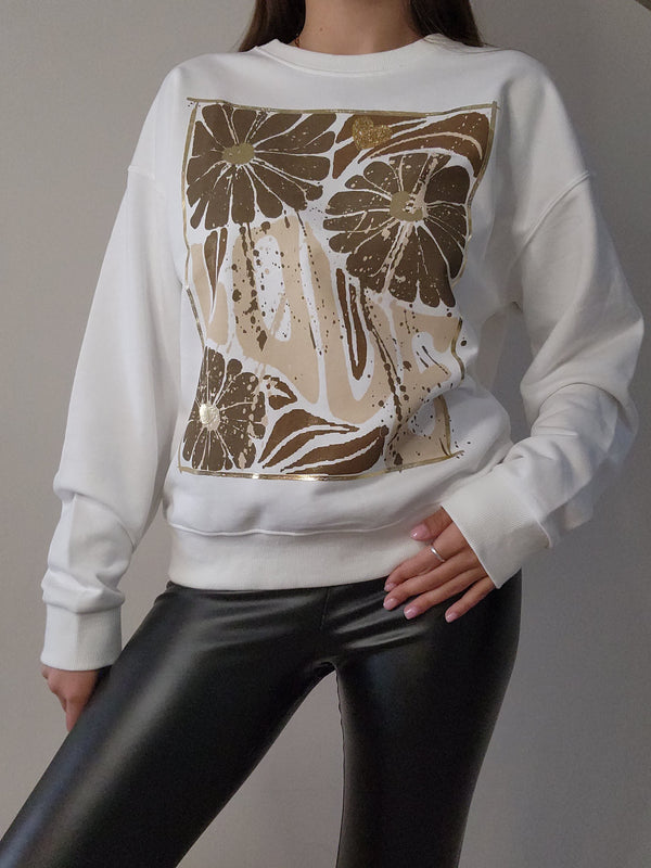 Sweat blanc fleurs - marron/beige