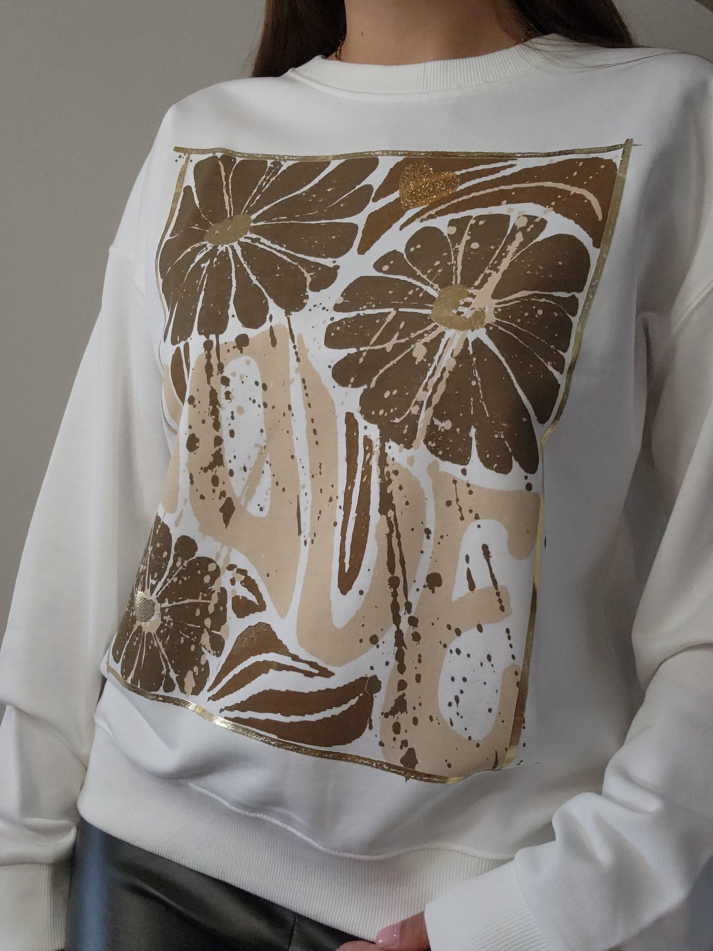 Sweat blanc fleurs - marron/beige