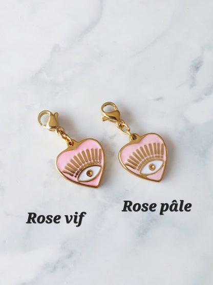 Charm coeur oeil rose pâle - doré
