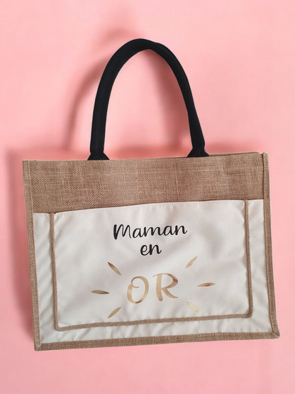 Grand sac cabas MAMAN EN OR - 100 % lin