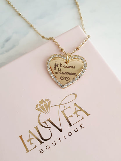 Collier médaillon cœur & zircons à graver | Coloris au choix