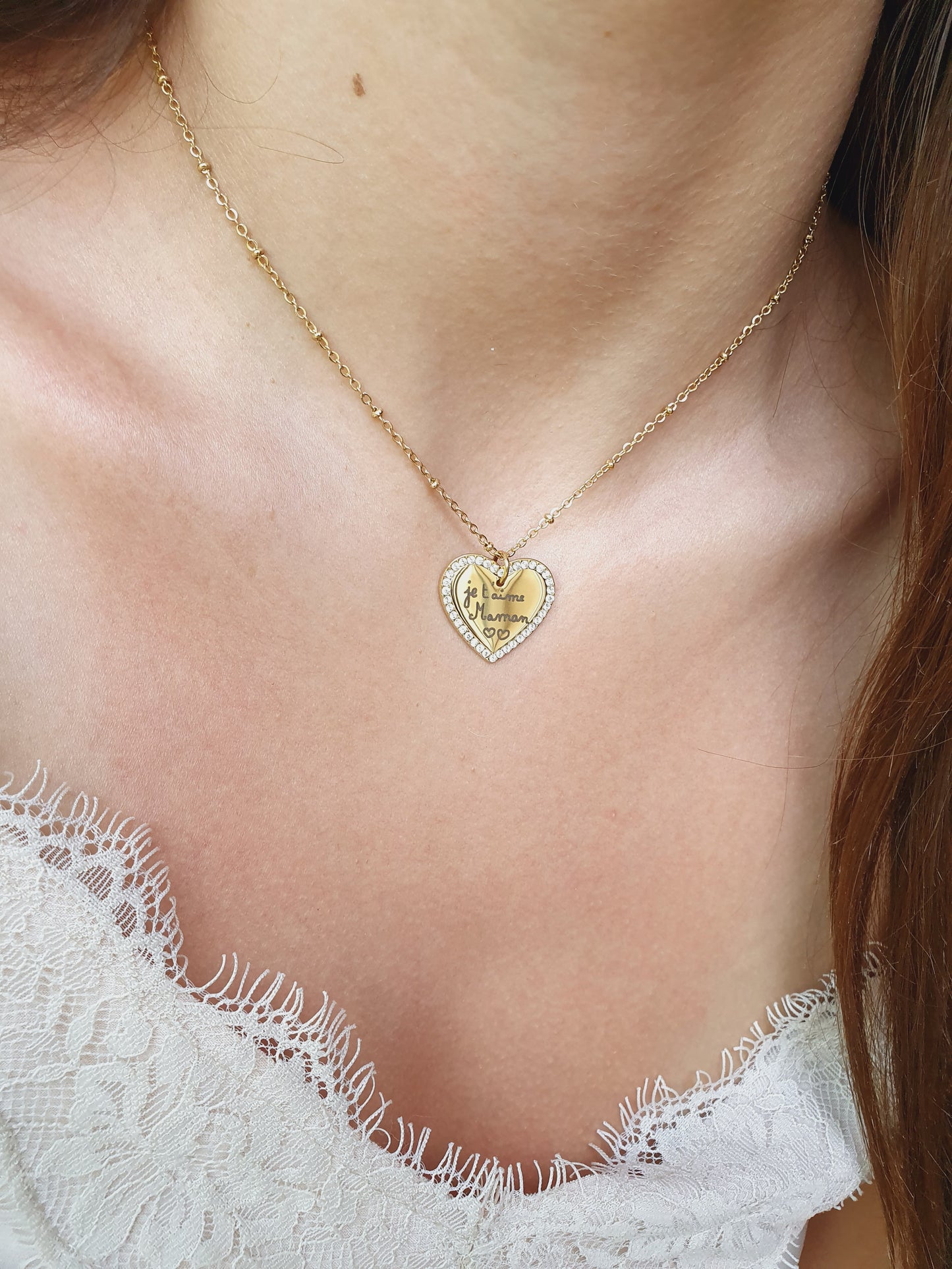 Collier médaillon cœur & zircons à graver | Coloris au choix