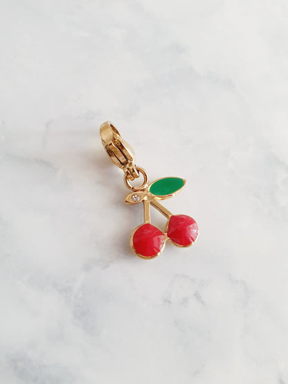 Charm cerises zircon & feuille - doré