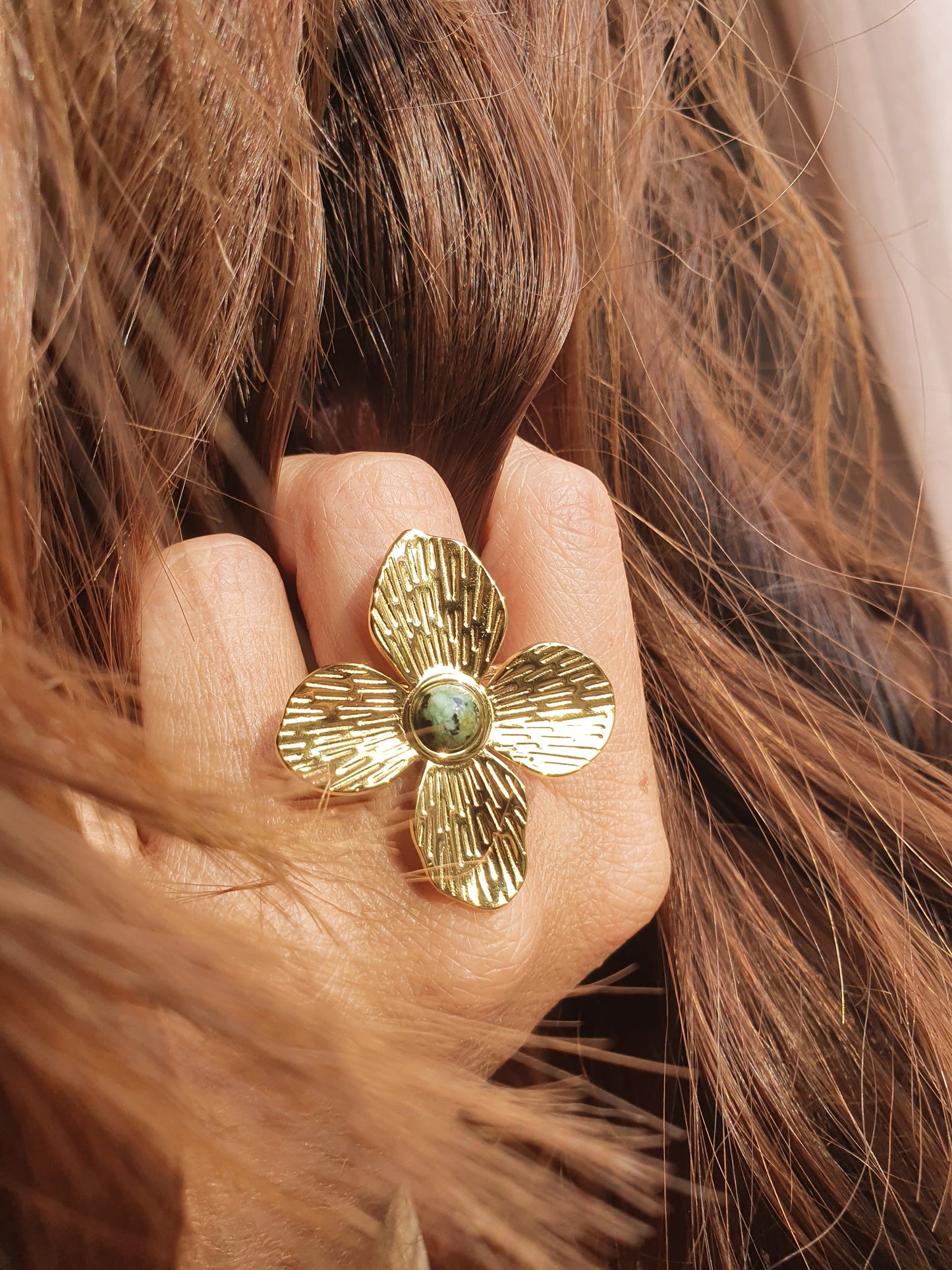 Bague Fleur Turquoise d'Afrique - doré