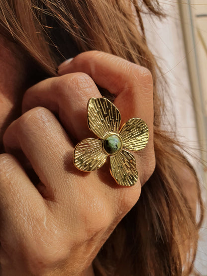 Bague Fleur Turquoise d'Afrique - doré