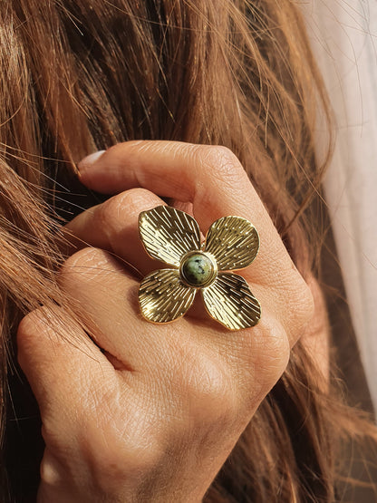Bague Fleur Turquoise d'Afrique - doré