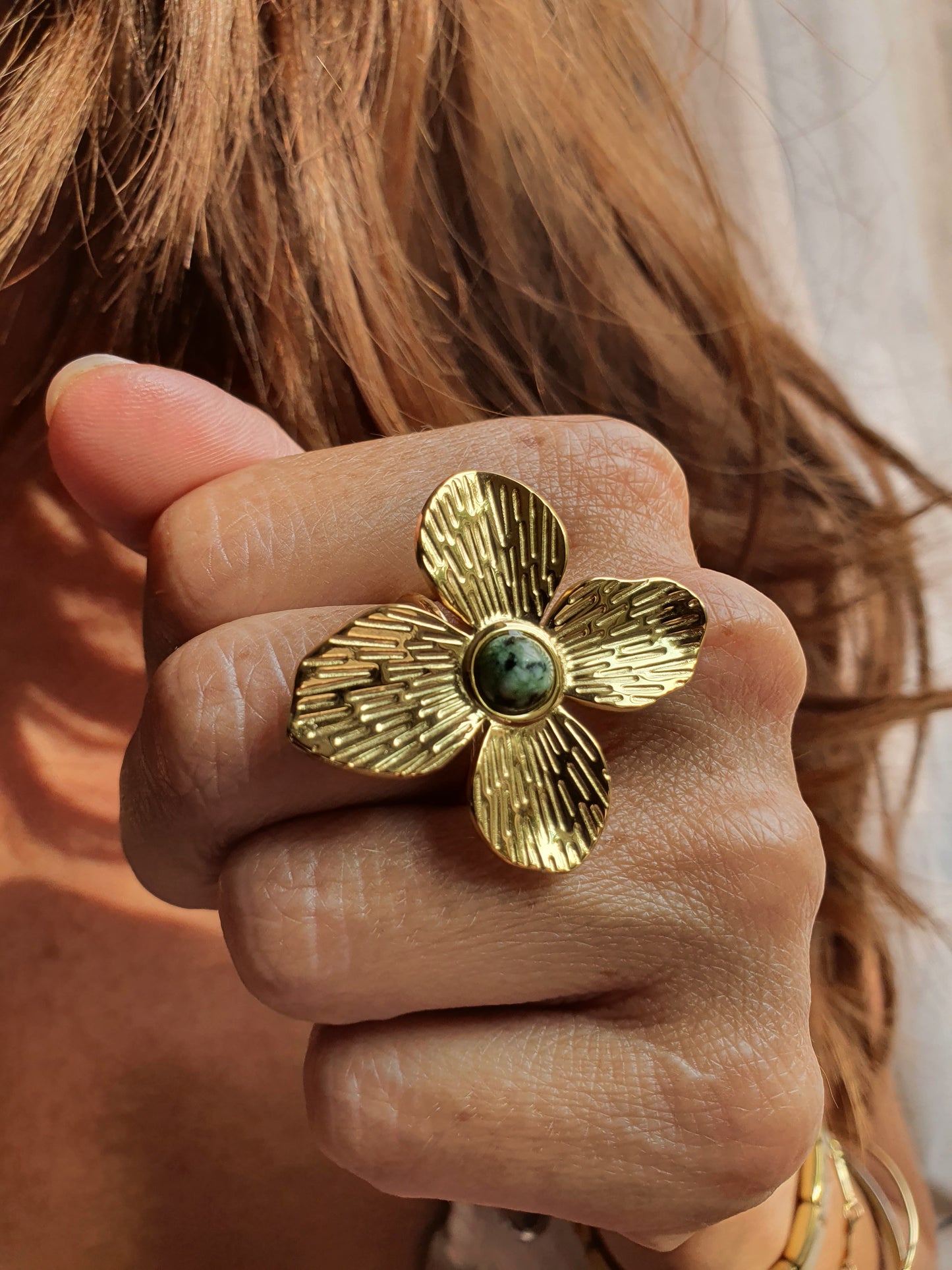 Bague Fleur Turquoise d'Afrique - doré