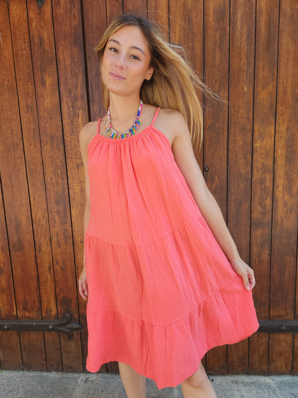 Robe trapèze gaze de coton - rose corail