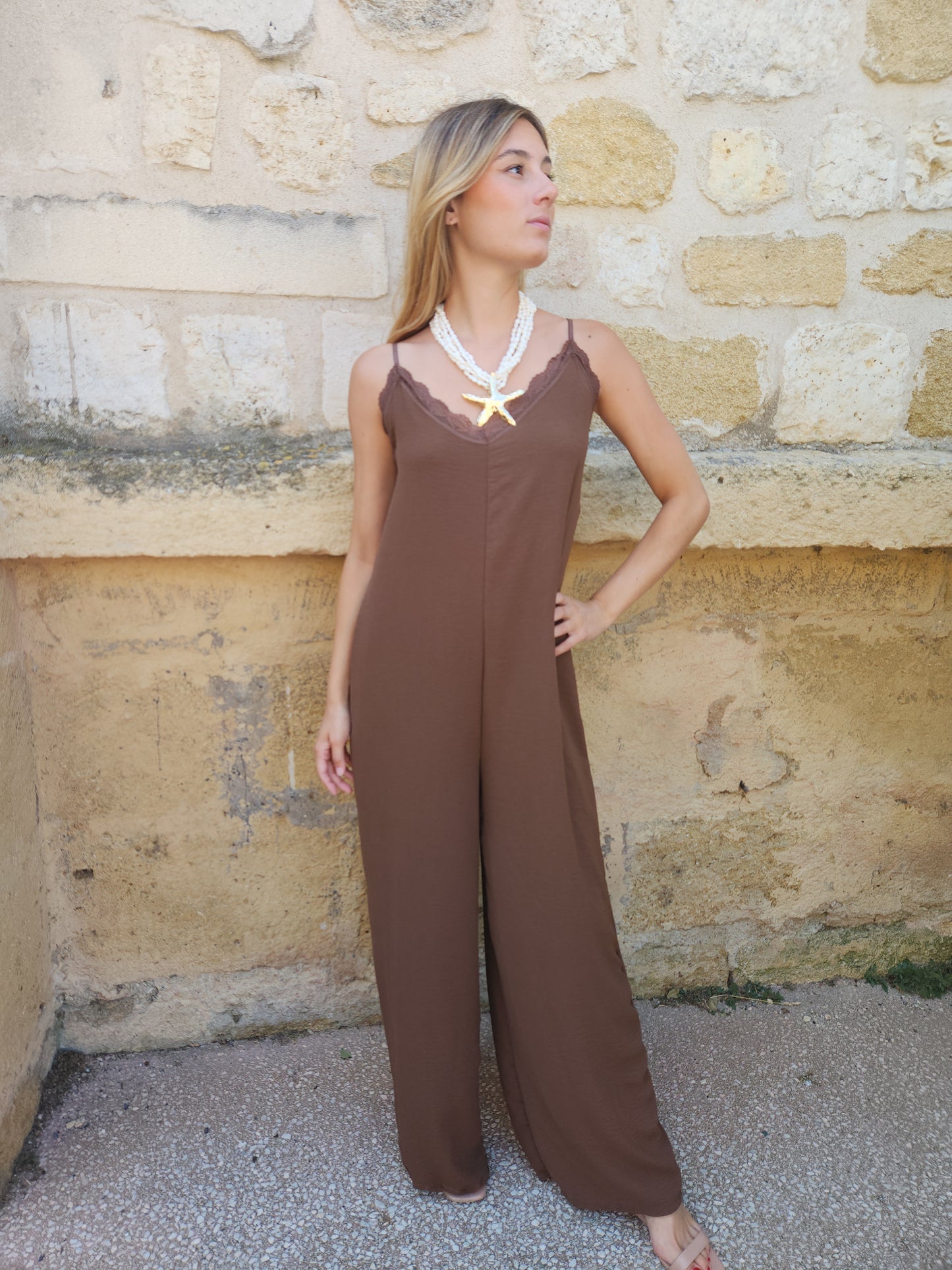 Combinaison fluide dentelle chocolat