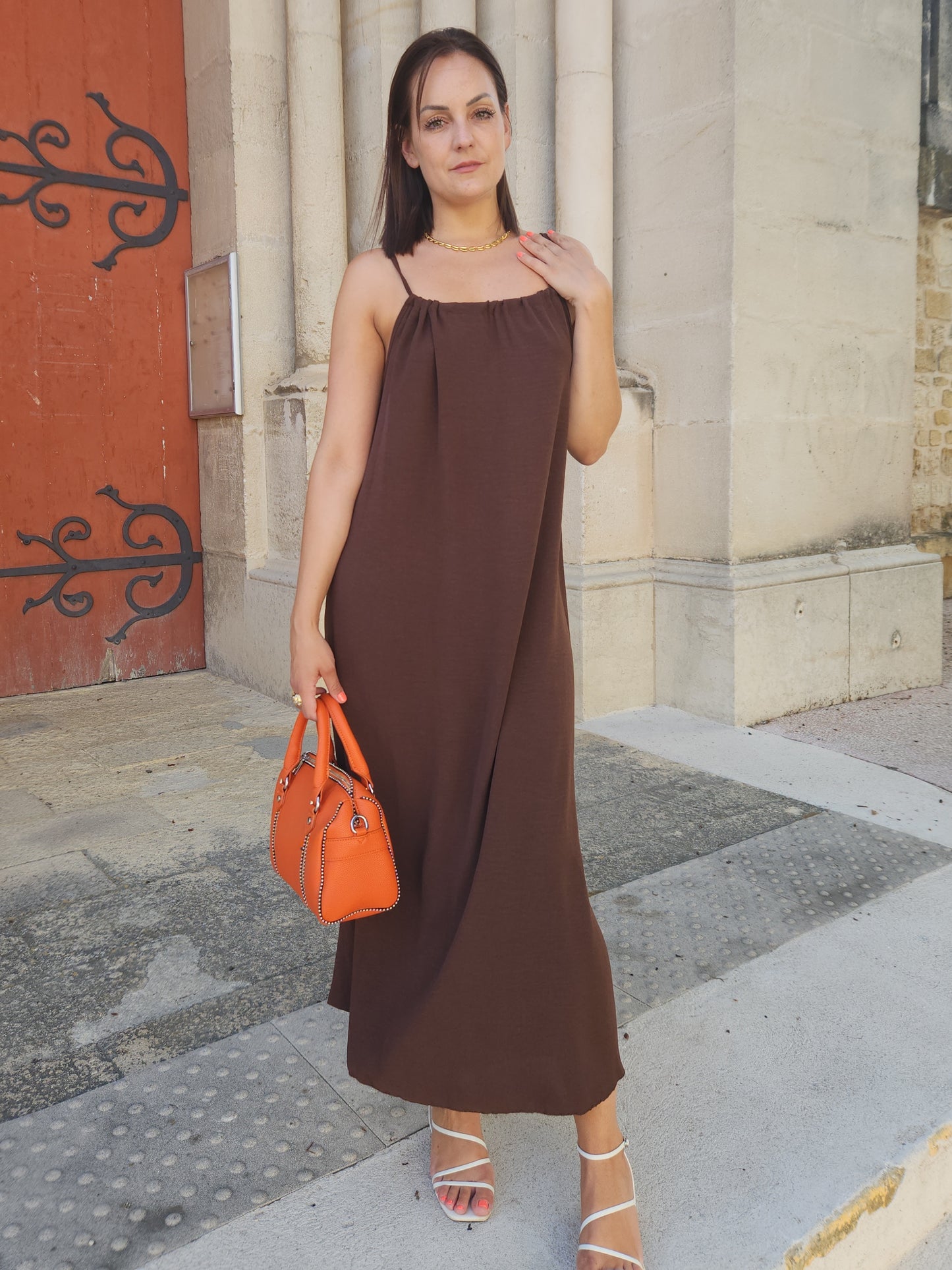 Robe fluide perlée - chocolat