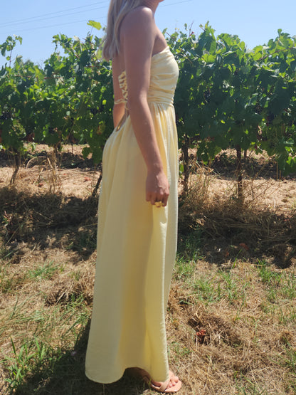 Robe longue dos nu lacets- jaune pastel