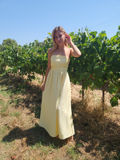 Robe longue dos nu lacets- jaune pastel