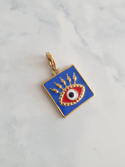 Charm carré bleu & oeil rouge - doré
