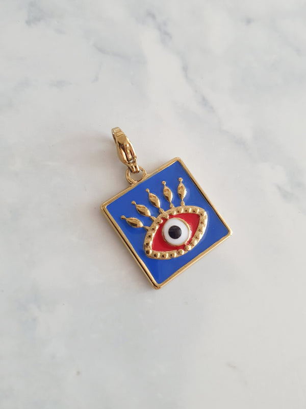 Charm carré bleu & oeil rouge - doré