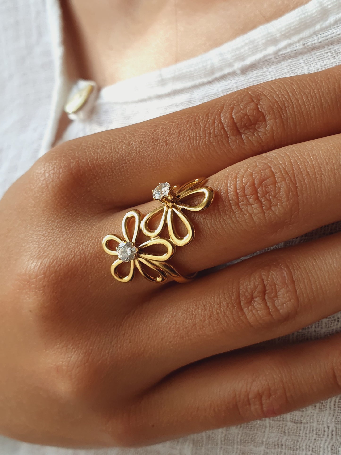Bague duo de fleurs - doré