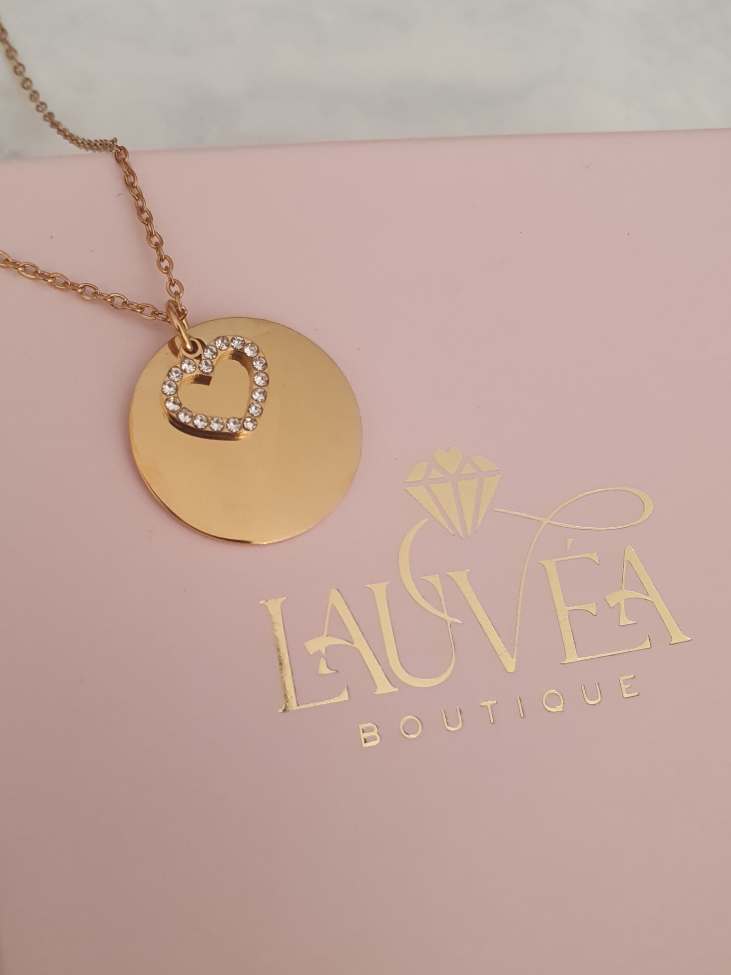 Collier médaille & coeur zircons à graver | Doré