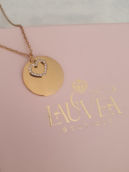 Collier médaille & coeur zircons à graver | Doré