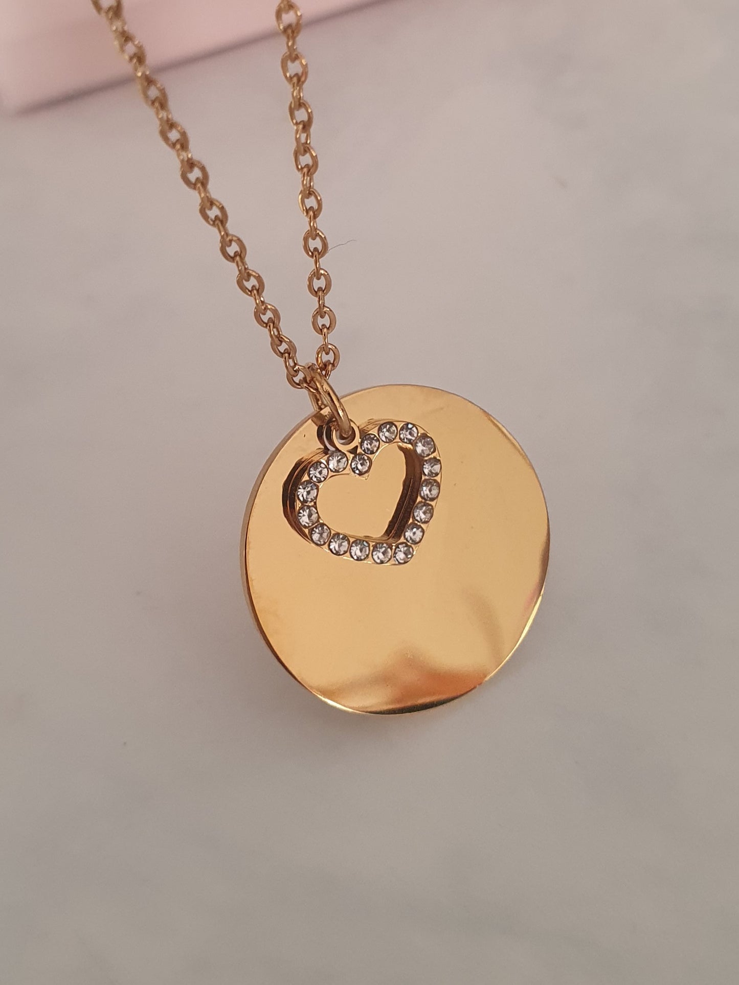 Collier médaille & coeur zircons à graver | Doré