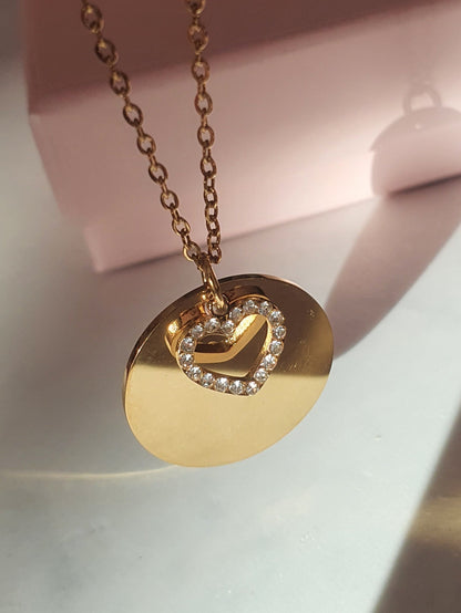 Collier médaille & coeur zircons à graver | Doré