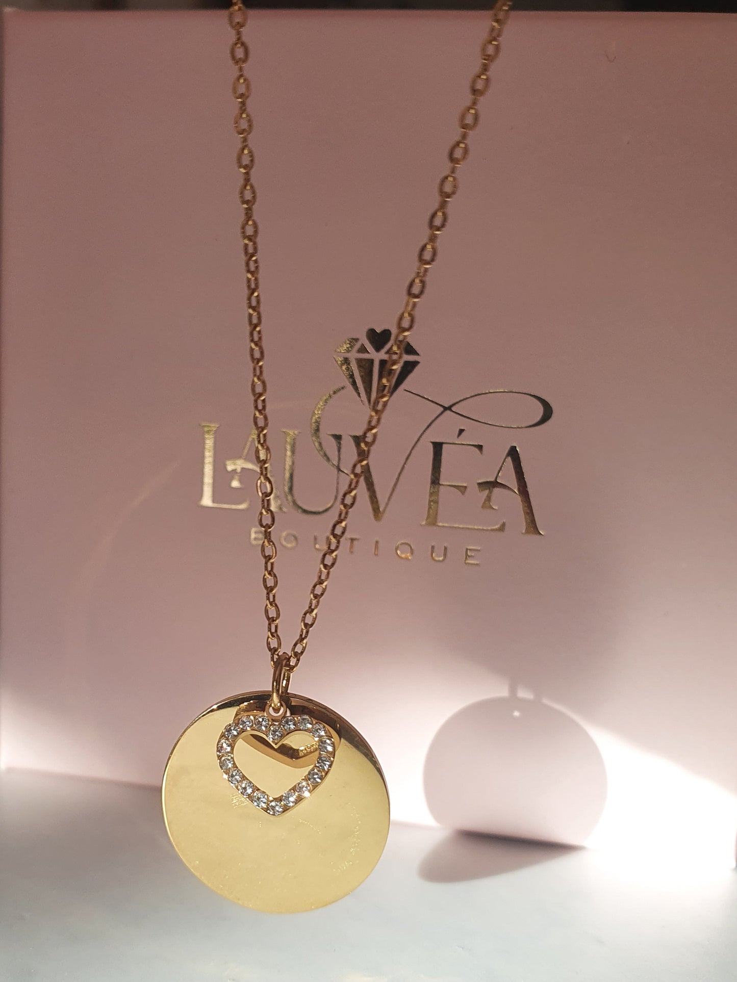 Collier médaille & coeur zircons à graver | Doré