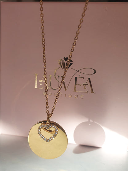 Collier médaille & coeur zircons à graver | Doré