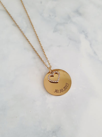 Collier médaille & coeur zircons à graver | Doré