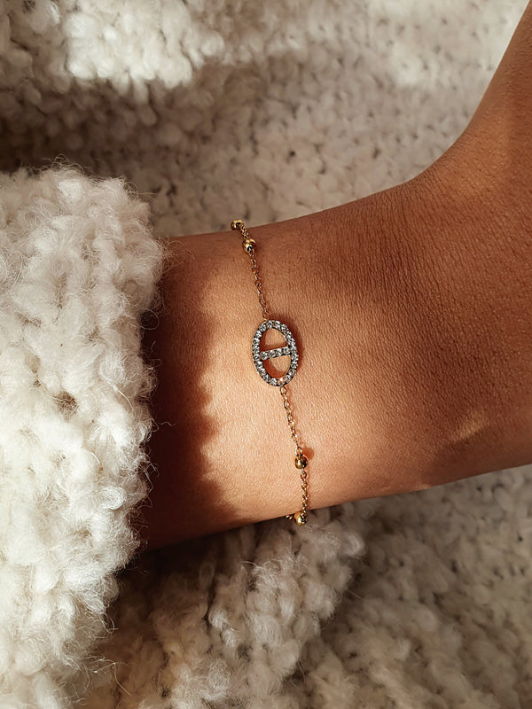 Bracelet maille marine strass et petites perles - doré