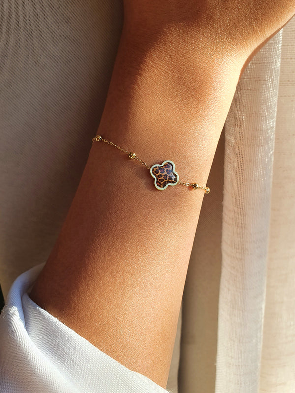 Bracelet perlé trèfle léopard - doré