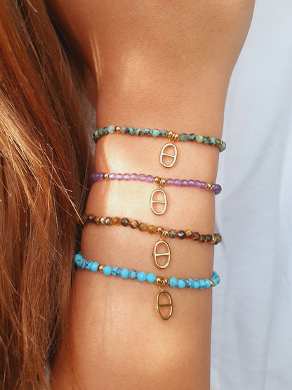Bracelet élastique pierres naturelles & maille marine - doré