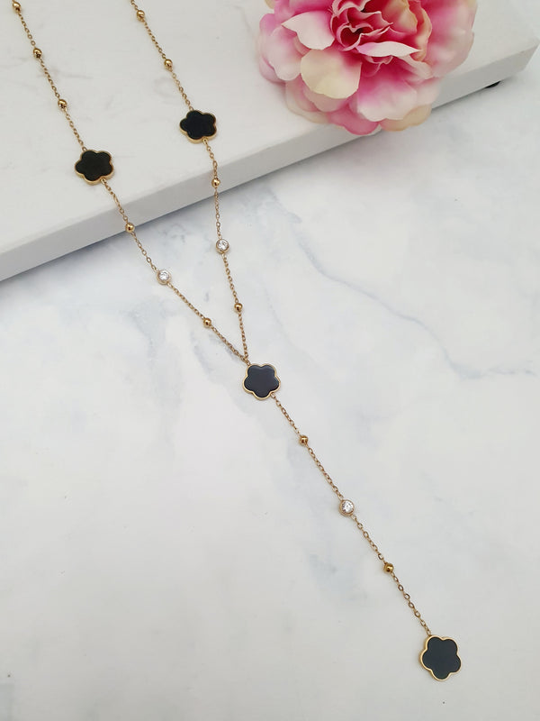 Sautoir fleur noire & zircons - doré