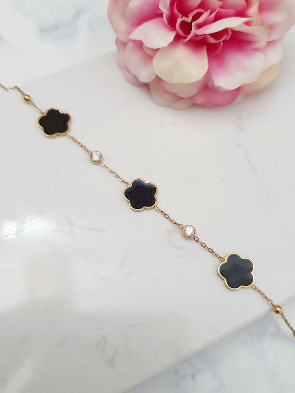 Bracelet fleur noire & zircons - doré