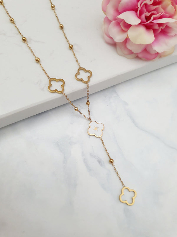 Sautoir trèfle blanc - doré