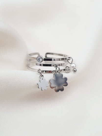 Bague breloques trèfles, perle & zircons - argenté