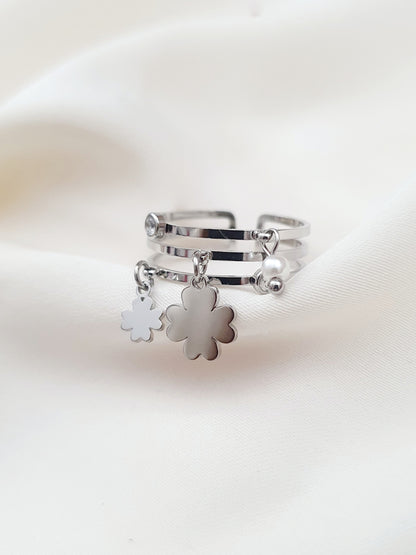 Bague breloques trèfles, perle & zircons - argenté