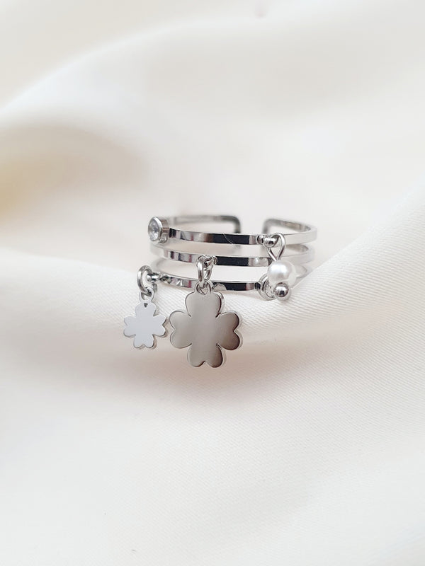 Bague breloques trèfles, perle & zircons - argenté