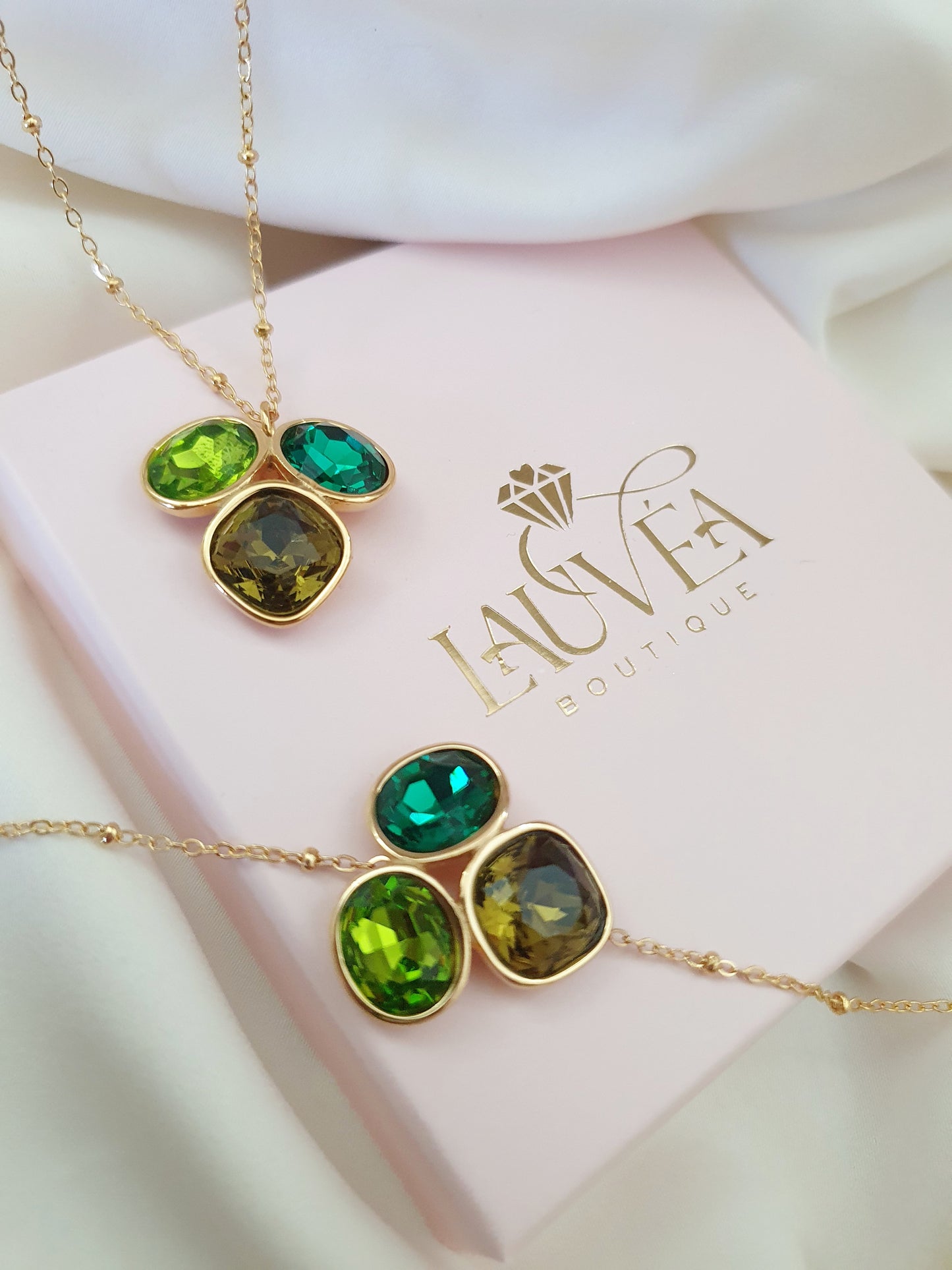 Parure trio de cristaux - doré | Vert