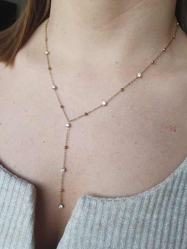 Sautoir zircons & perles - doré