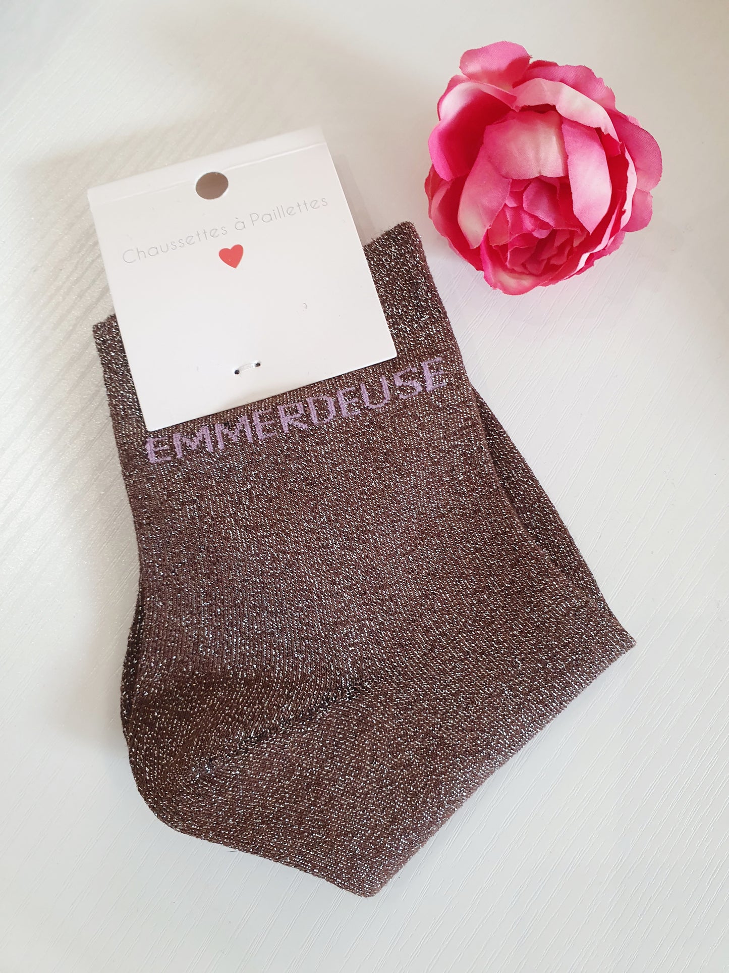 Chaussettes pailletées à message EMMERDEUSE | Marron