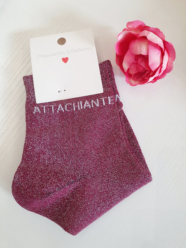 Chaussettes pailletées à message ATTACHIANTE | Prune