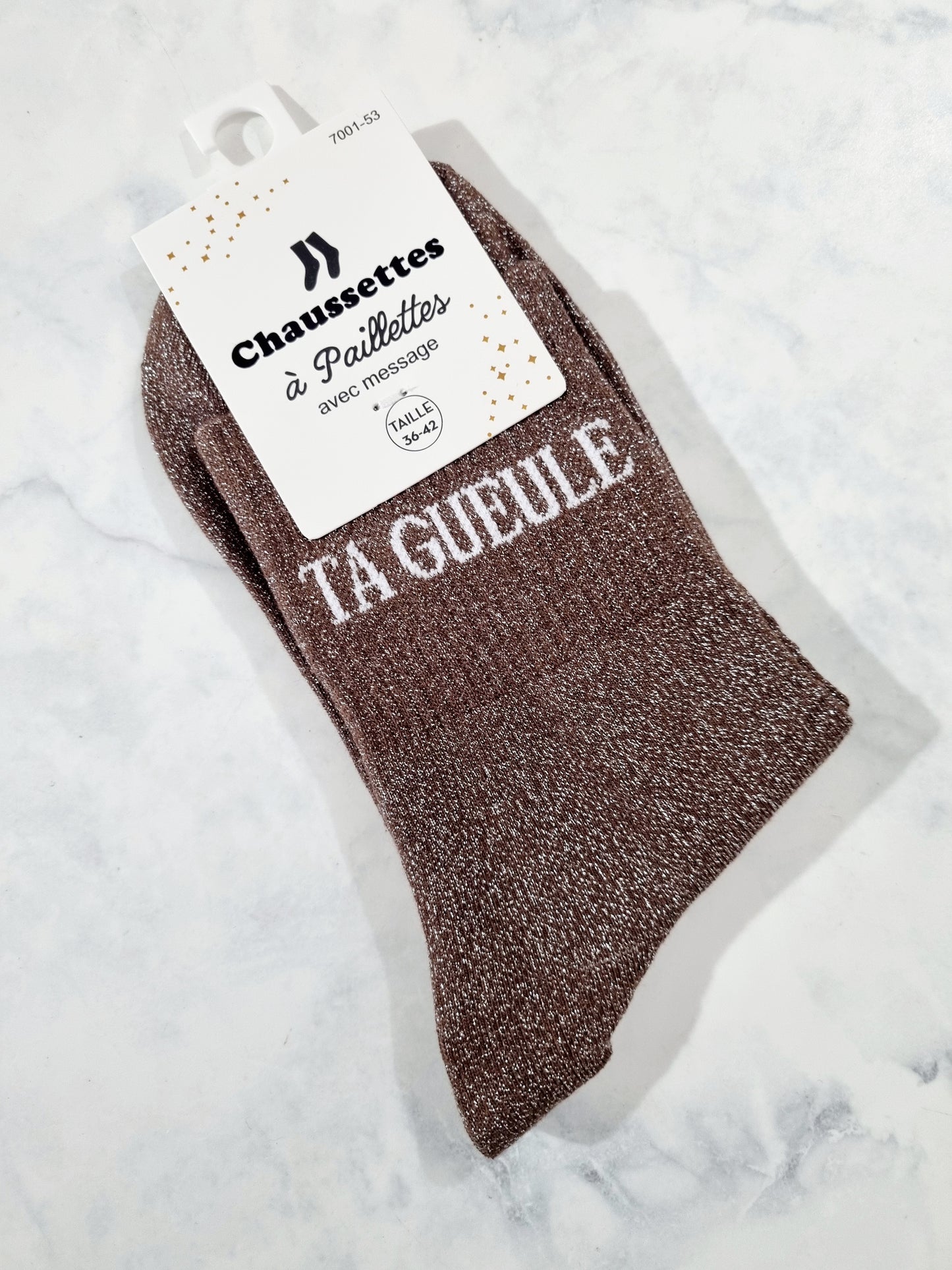 Chaussettes hautes pailletées à message TA GUEULE | Couleur aléatoire