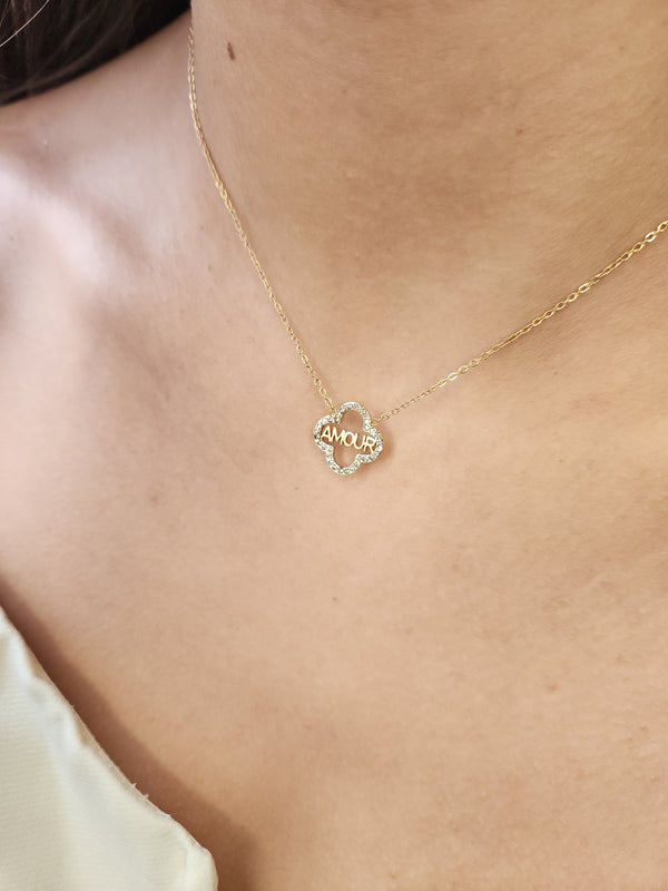 Collier trèfle zircons Amour – doré
